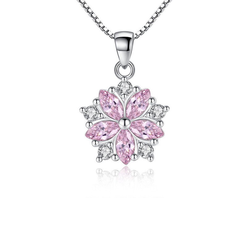 [382] Collar De Plata Ley 925 Flor Colgante Cristal Rosa De Lujo