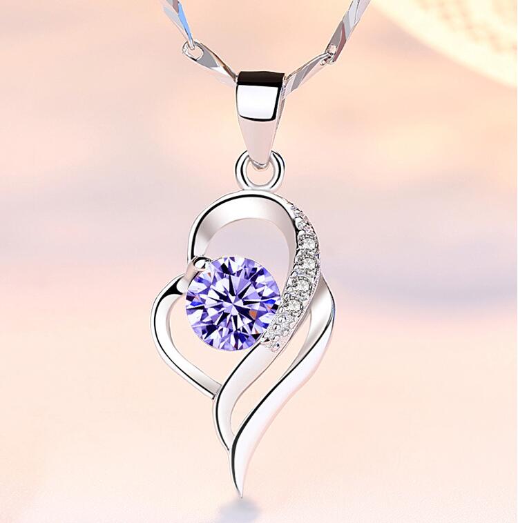[384] Collar Gargantilla De Plata Ley 925  Corazon Cristal Purple