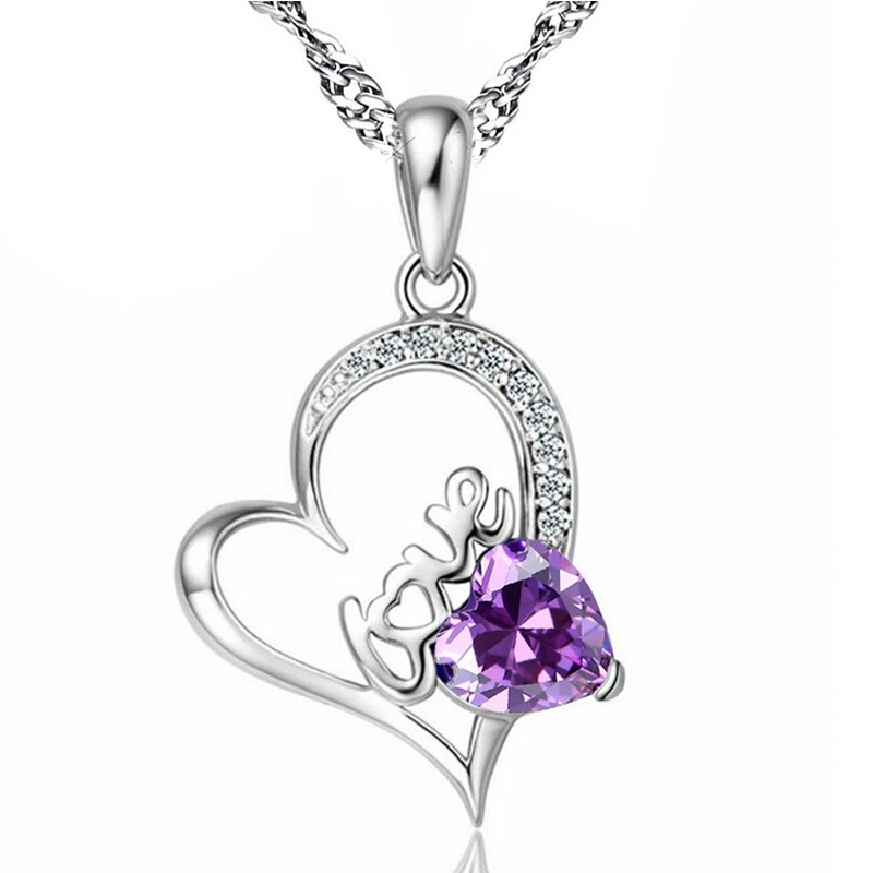 [388] Collar Corazon Love Plata Ley 925 Piedra Zirconia Purpura
