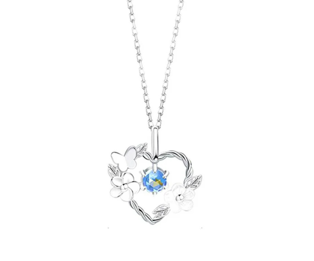 [390] Collar Plata Ley 925 Corazon Y Flor Piedra Zirconia Azul
